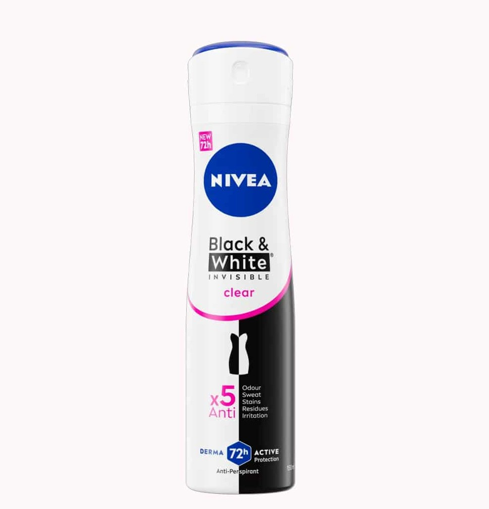 اسپری ضد تعریق زنانه نیوا مدل بلک وایت Nivea Black & White Clear Derma ماندگاری 72 ساعته حجم 150 میل