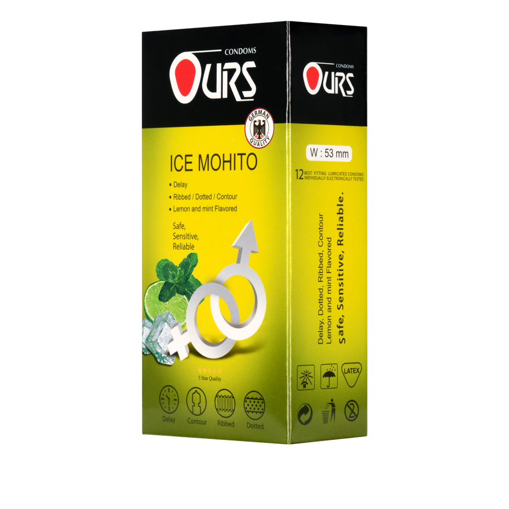 کاندوم تاخیری و خاردار و میوه ای اورز مدل Ice Mohito بسته 12 عددی انقضا 2028