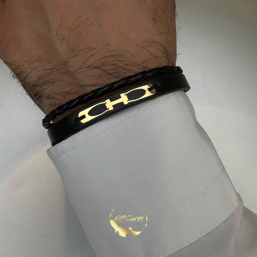دستبند چرم و طلا مردانه M11