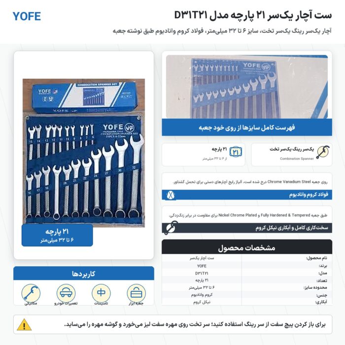 ست آچار یک‌سر ۲۱ پارچه YOFE مدل D31T21 سایز ۶ تا ۳۲ میلی‌متر