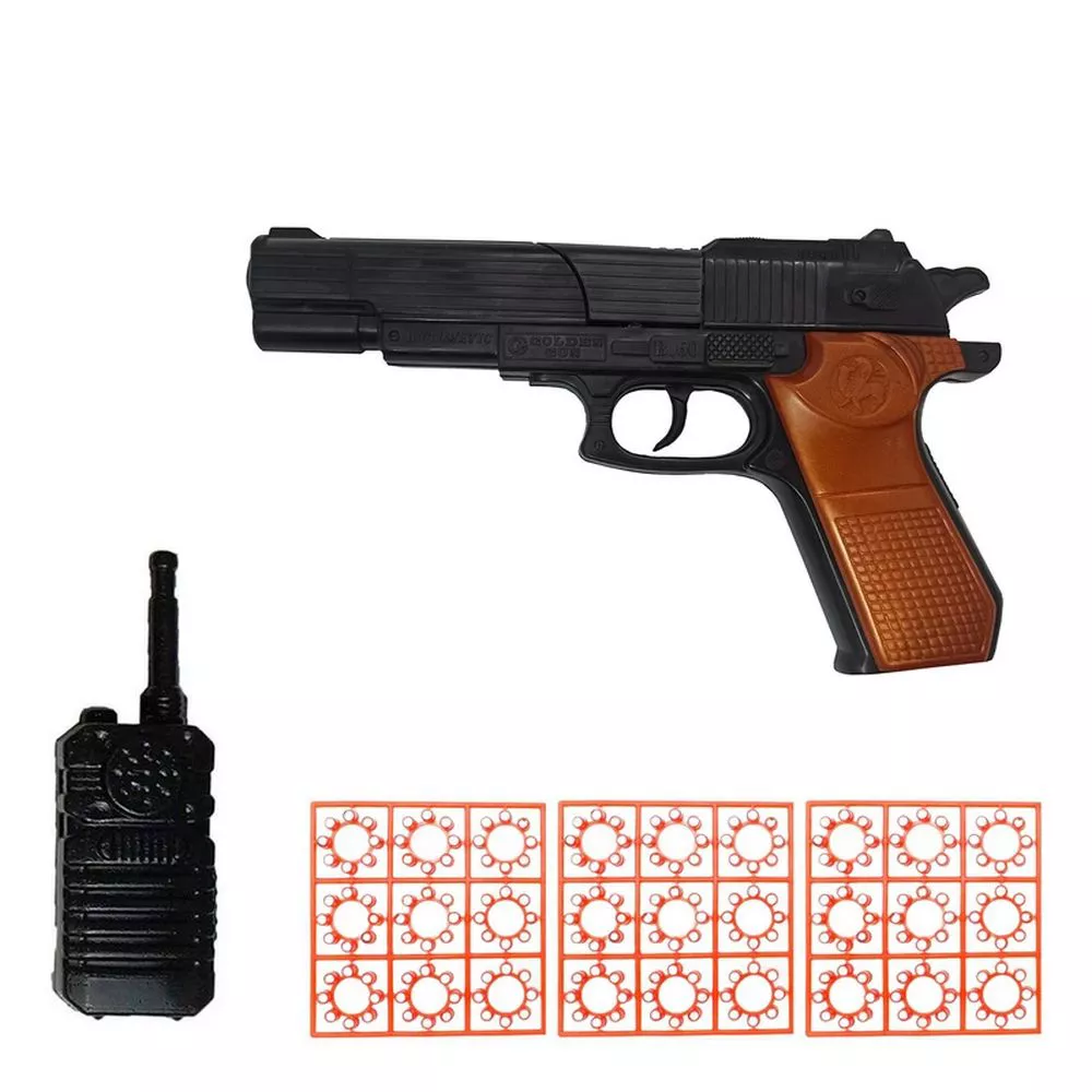 پک اسباب بازی تفنگ ترقه‌ای به همراه بی‌سیم پلاستیکی و ترقه اضافه کیفی کد B60 | ست پلیسی و نقش‌آفرینی کودک