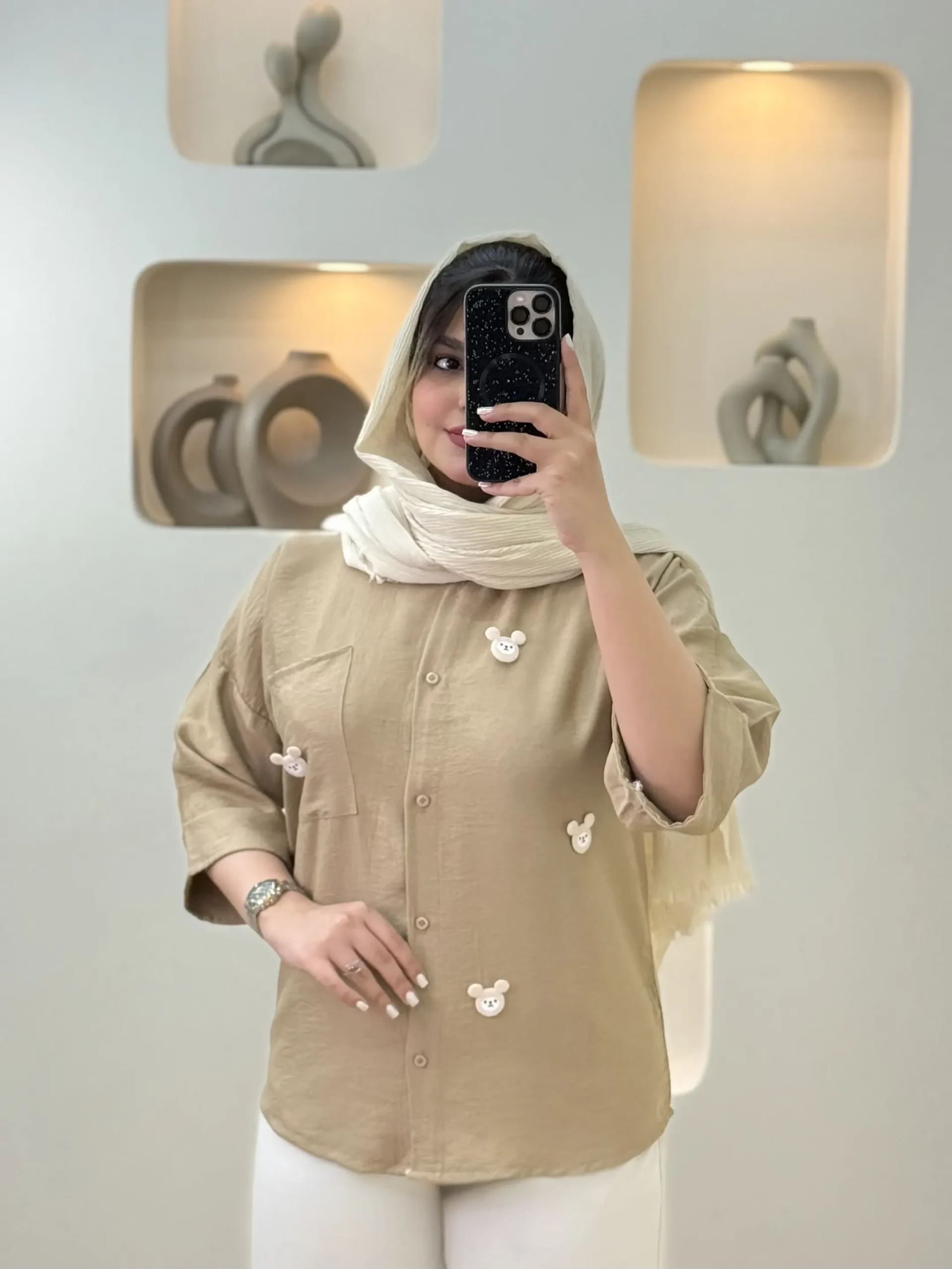 شومیز تک جیب خرس-11882 - کرمی