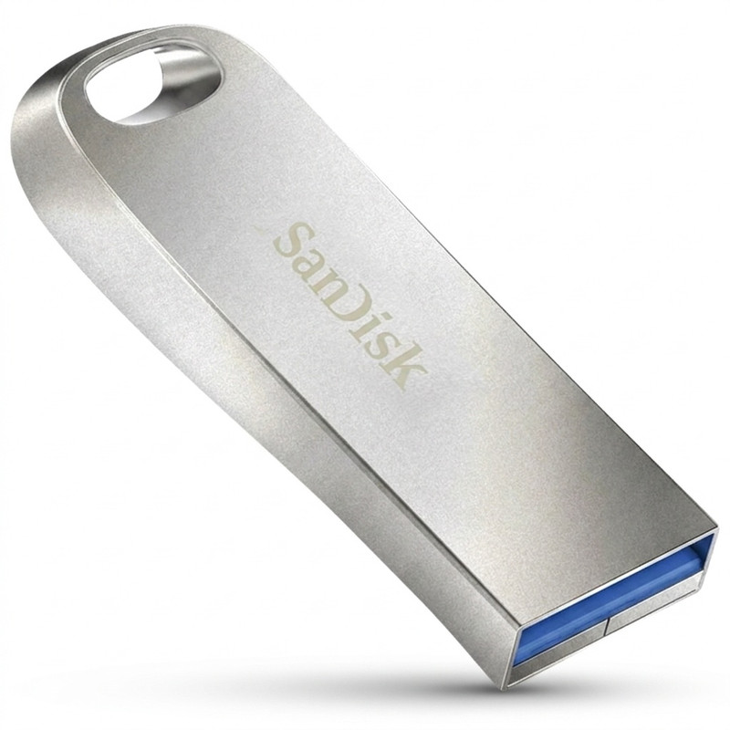 فلش مموری سن دیسک مدل Ultra Luxe ظرفیت 128 گیگابایت با بدنه فلزی، رابط USB 3.1 Type-A، سرعت خواندن 150 مگابایت بر ثانیه و نرم‌افزار کدگذاری SanDisk Secure Access - نقره ای