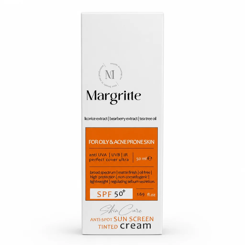 کرم ضد آفتاب روشن کننده بژ طبیعی مناسب پوست های چرب و مستعد آکنه SPF50 مارگریت 50 میلی لیتر