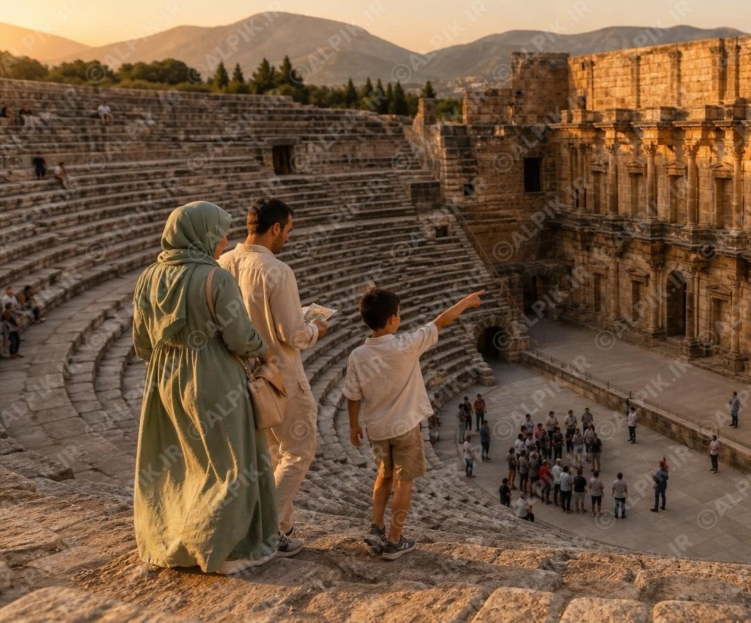 بازدید خانواده از آمفیتئاتر باستانی آسپندوس در آنتالیا