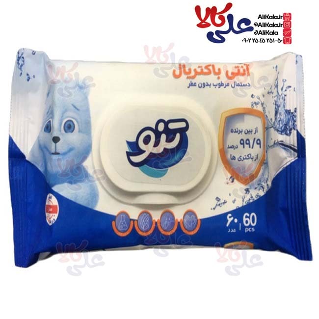 دستمال مرطوب تنو مدل آنتی باکتریال بسته 60 عددی