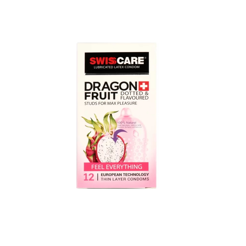 کاندوم خاردار تاخیری و میوه ای سوئیس کر مدل Dragon Fruit بسته 12 عددی انقضا 2028
