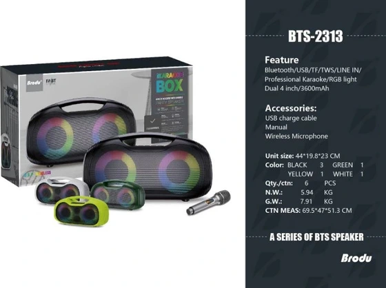 اسپیکر BTS2313 میکروفون بیسیم RGB ظرفیت باتری: 3600mAh سایزبلندگو: 2*4"