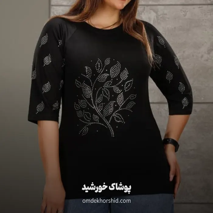 تیشرت آستین لیزری نگینی برگ
