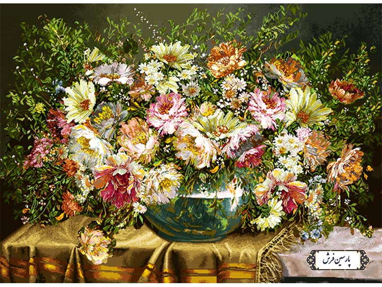 نخ و نقشه تابلو فرش گلدان بلوری و گل های زیبا - کد NG1522