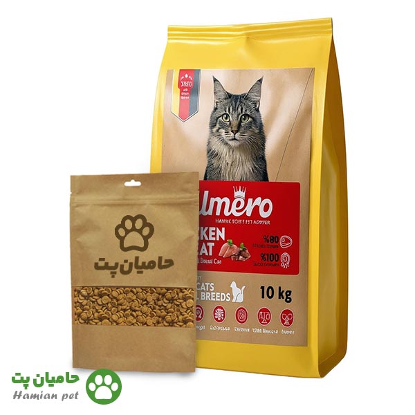 غذای گربه بالغ اومرو Umero طعم مرغ و گوشت فله در بسته بندی زیپ کیپ