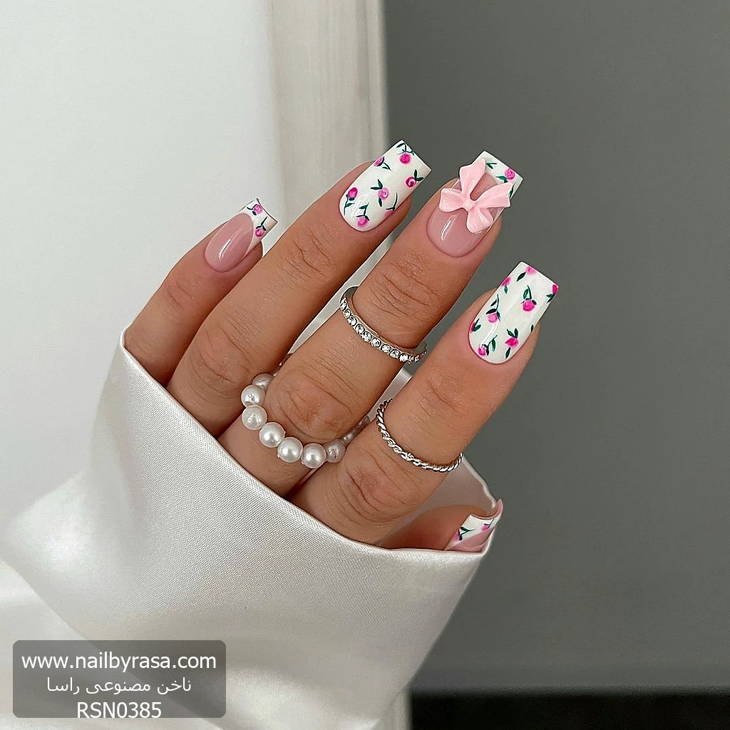 ناخن مصنوعی راسا طرح گل رز و فرنچ و پاپیون رنگ سفید و صورتی فرم مربع RSH13