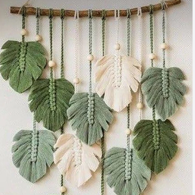 دیوارکوب مکرومه مدل برگ و مهره برند ریسمونک و رنگ دلخواه