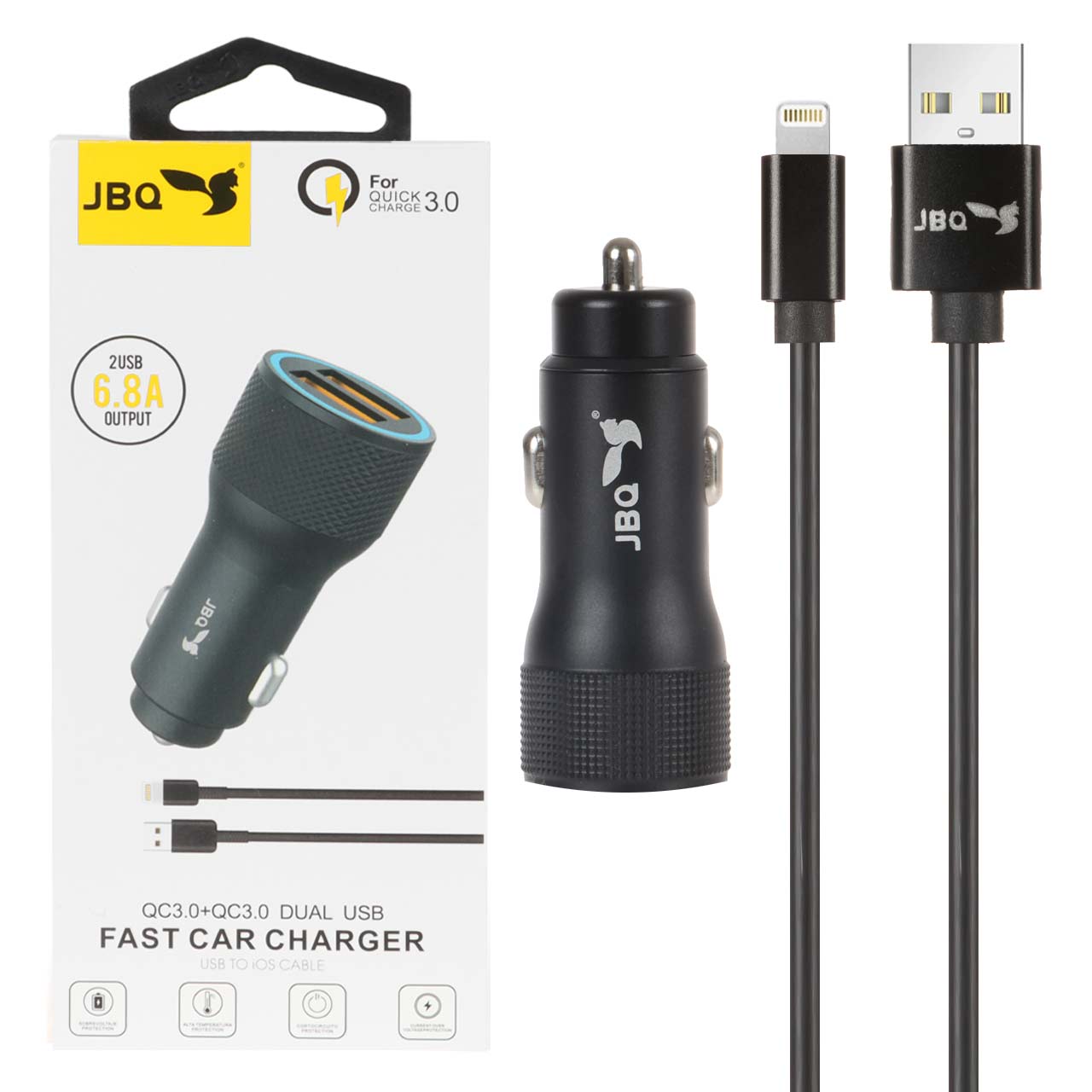 شارژر فندکی فست دو پورت JBQ مدل CC-D5 18W همراه با کابل آیفون - مشکی