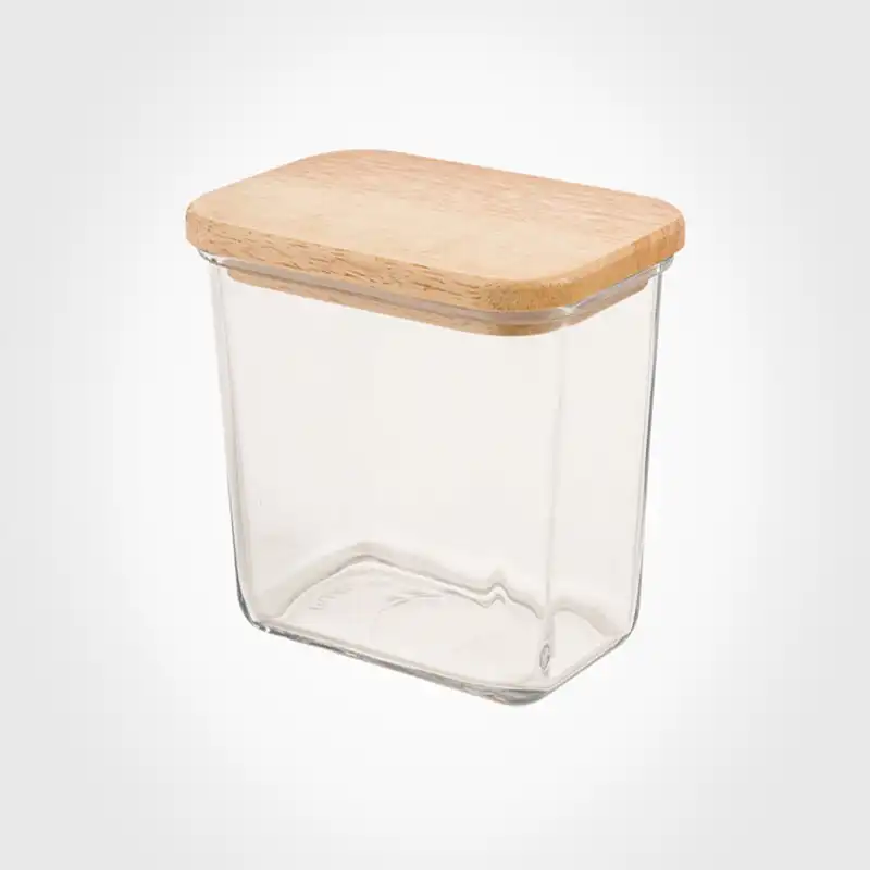 ظرف شیشه ای مستطیل 920 میلی لیتر درب چوبی لیمون کد 218859