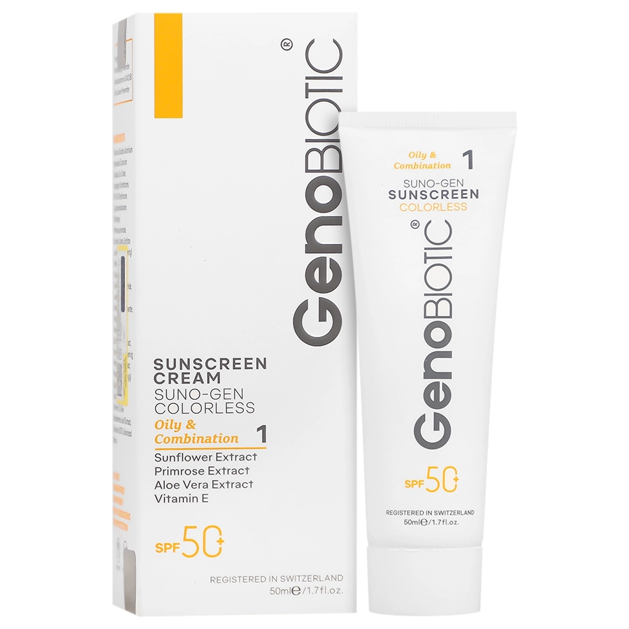 کرم ضد آفتاب بی رنگ پوست چرب و مختلط ژنوبایوتیک SPF50