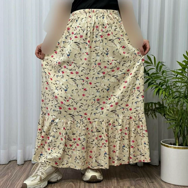 دامن زنانه بلند نخی پارچه خارجی - کرمی