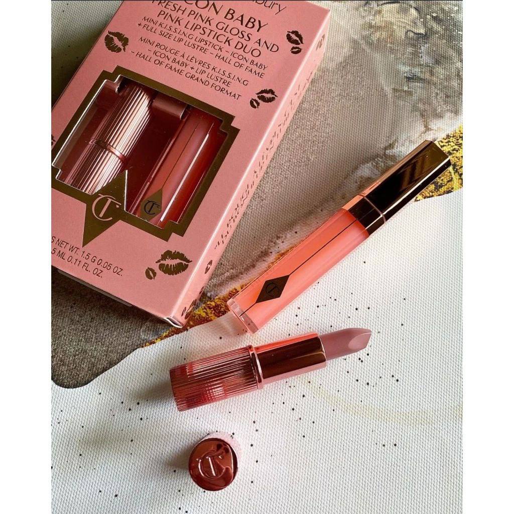 پک جذاب شارلوت تیلبری لیپ لاستر فول سایز Hall of fame رژلب دلوکس(1.5g) | NIB Charlotte Tilbury Icon Baby Fresh Pink Gloss & Pink Lipstick Duo