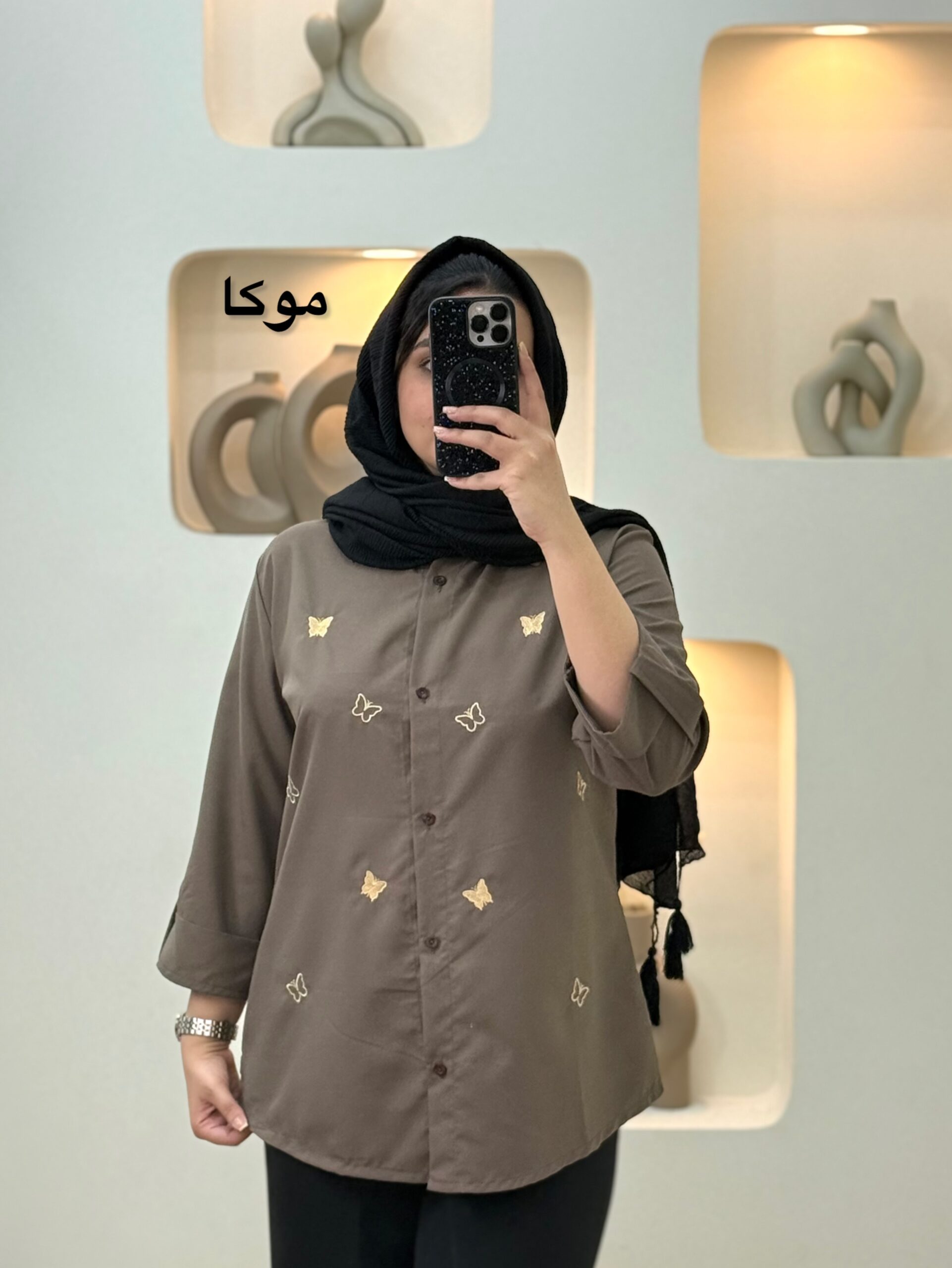 شومیز تترون گلدوزی پروانه-3179 - موکا
