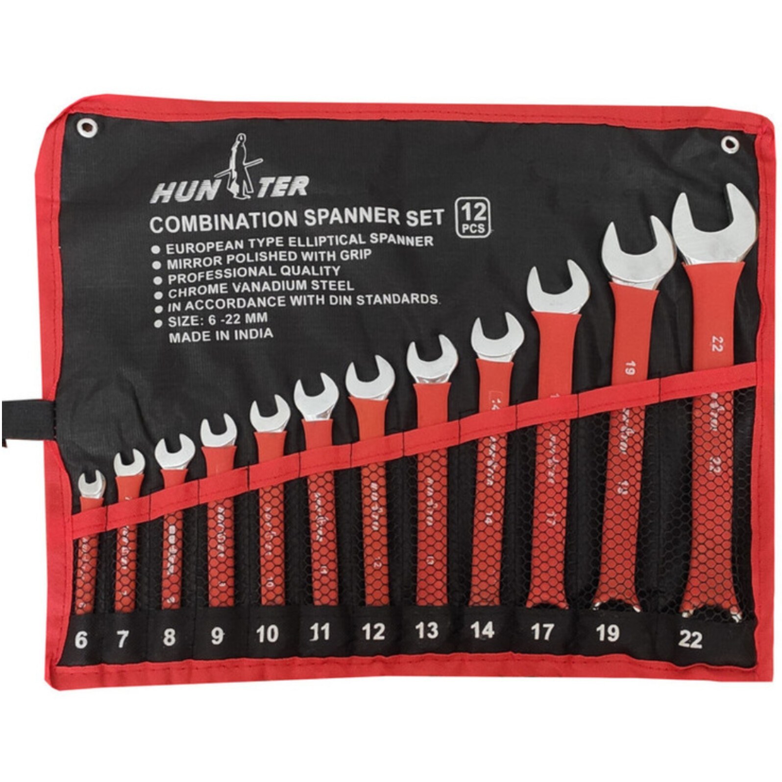 آچار یک سر تخت و یک سر رینگی هانتر مدل HN-12 مجموعه ۱۲ عددی