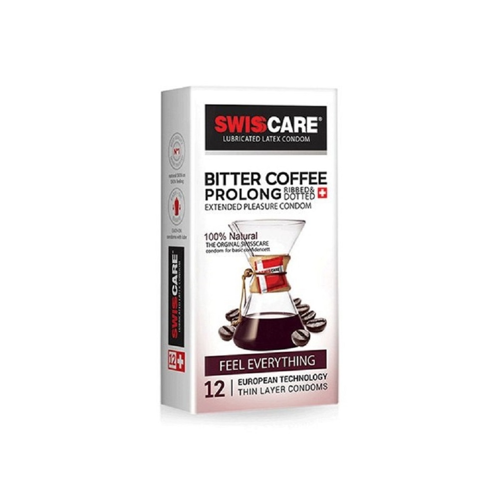 کاندوم تاخیری و خاردار و شیاردار سوئیس کر مدل Bitter Coffee Prolong بسته 12 عددی انقضا 2028