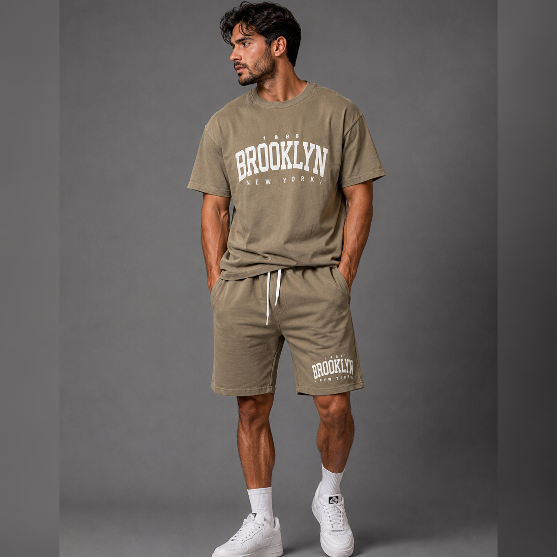 ست تیشرت شلوارک مردانهBROOKLYN|بوتیک ماموت - کرم تیره, XXL