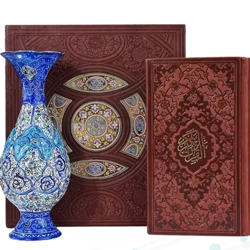 قرآن پالتویی چرم با گلدان مینا