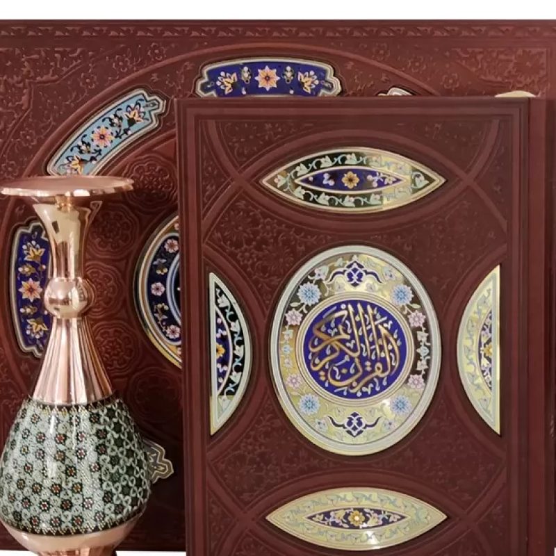 قرآن وزیری گلاسه چرم جعبه دار نفیس با گلدان خاتم