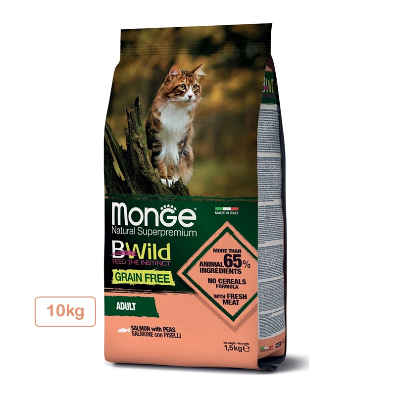 غذای خشک گربه بالغ مونژه مدل Monge BWild Grain Free Formula Adult Cat Salmon with Peas بدون غلات با طعم سالمون و نخود فرنگی 10 کیلوگرم