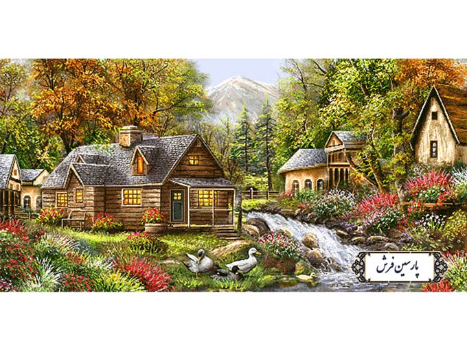 نخ و نقشه تابلو فرش منظره کلبه ها و رودخانه - کد NV925