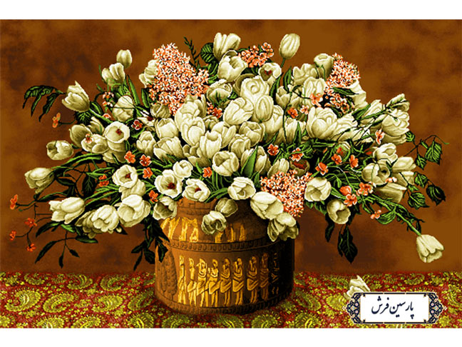 نخ و نقشه تابلو فرش گلدان لاله های سفید رنگ  - کد NG1433