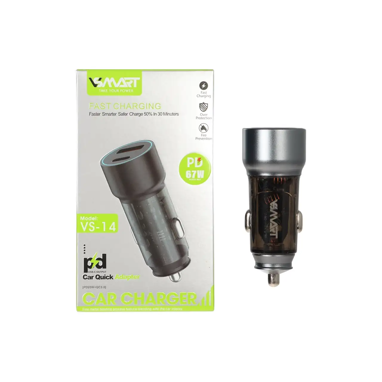 شارژر فندکی PD و فست دو پورت V-Smart مدل VS-14 67W - نقرآبی - BSA