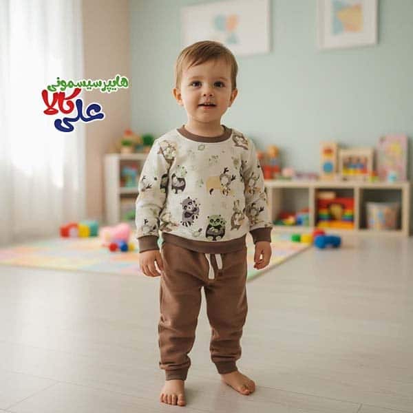 ست پیراهن و شلوار سولو قهوه ای طرح حیوانات کد 911