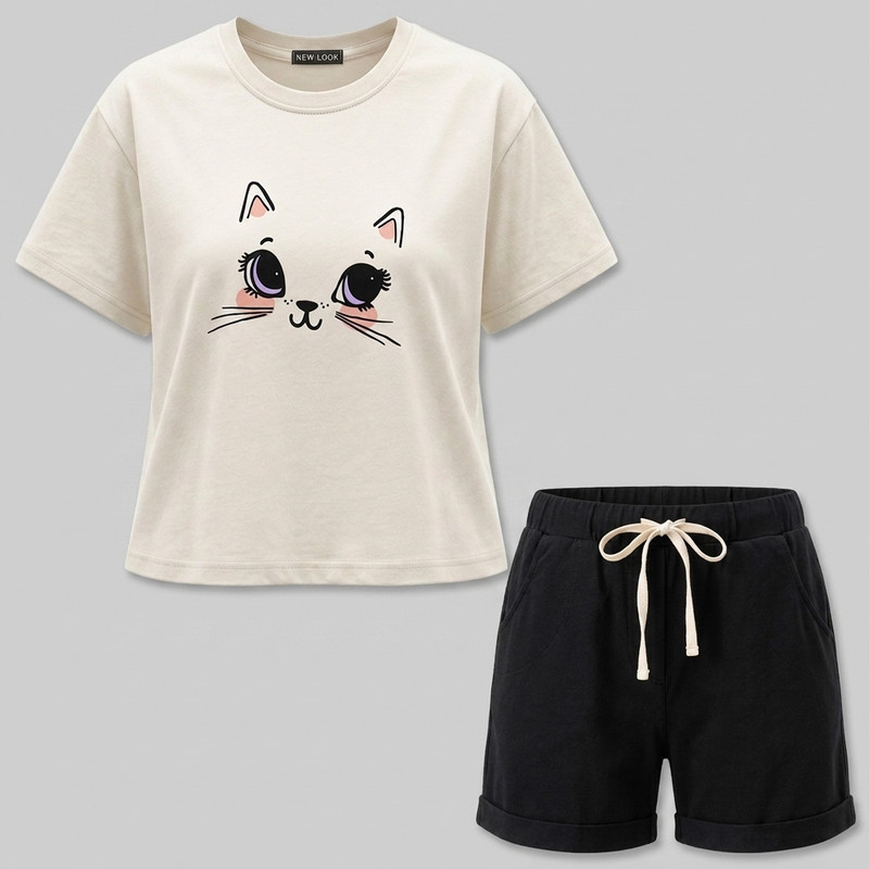 ست لباس راحتی زنانه تی شرت و شلوارک نخ پنبه طرح گربه