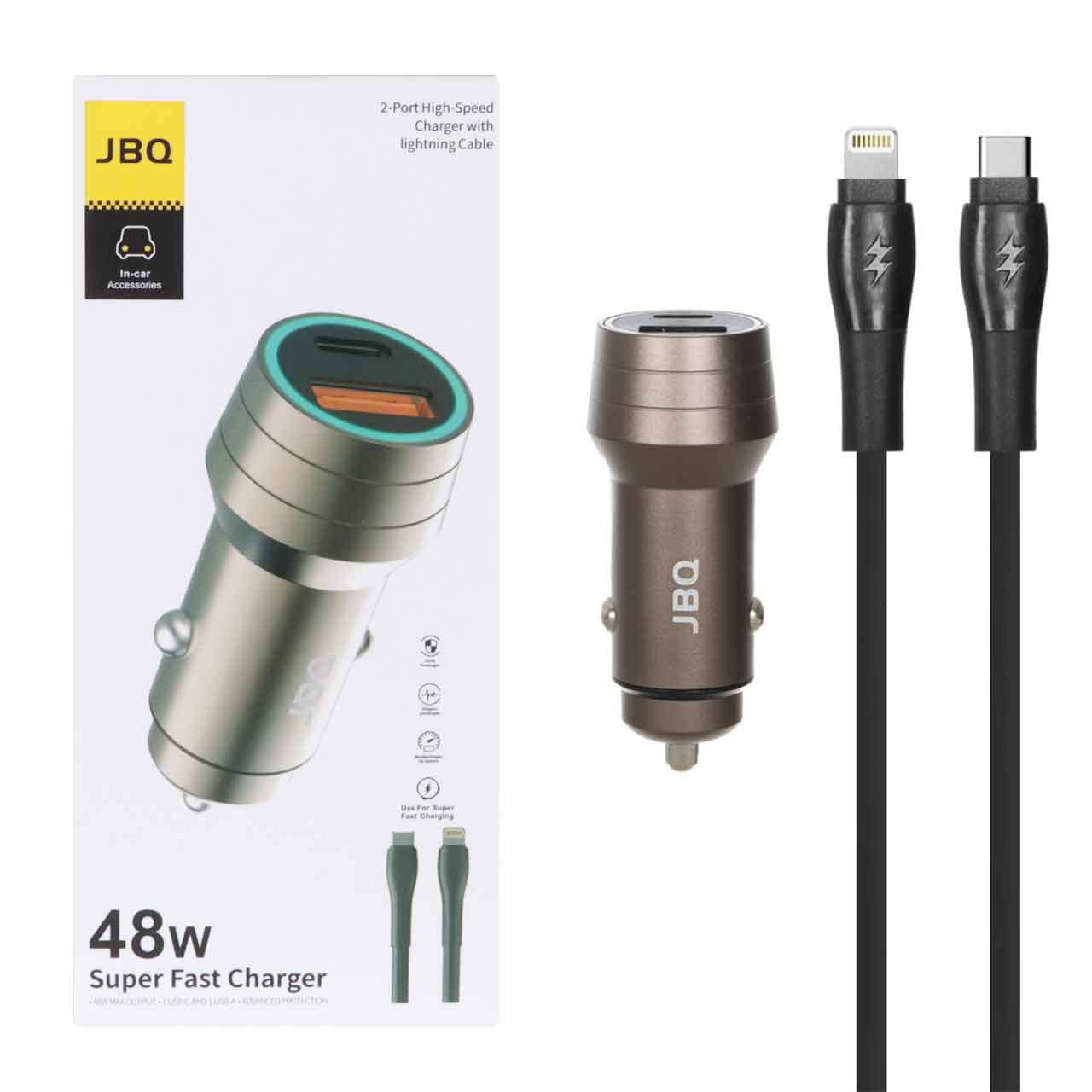 شارژر فندکی فست و PD دو پورت JBQ مدل CC-420Ci 48W همراه با کابل Type- to Lightning - خاکستری