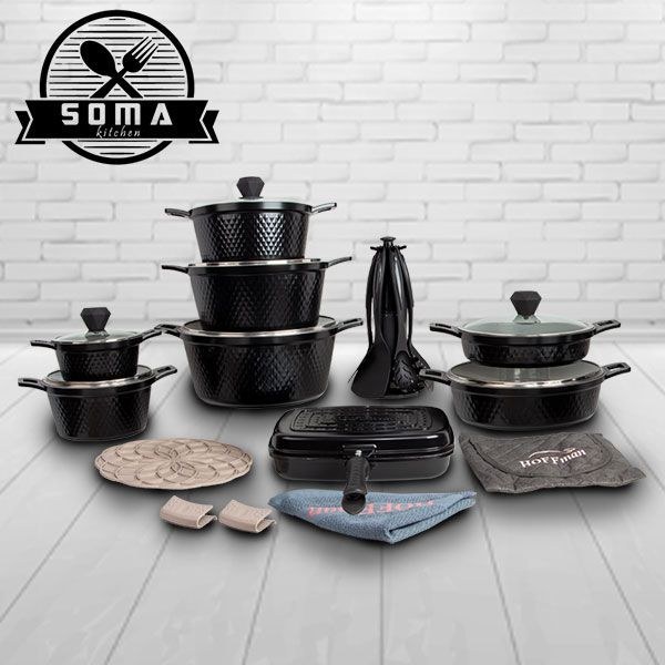 سرویس قابلمه چدن گرانیت 28 پارچه هافمن طرح دیا رنگ مشکی