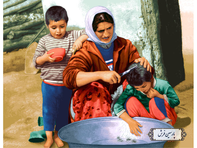 نخ و نقشه تابلو فرش تبریز طرح خانواده روستایی - کد NC6324
