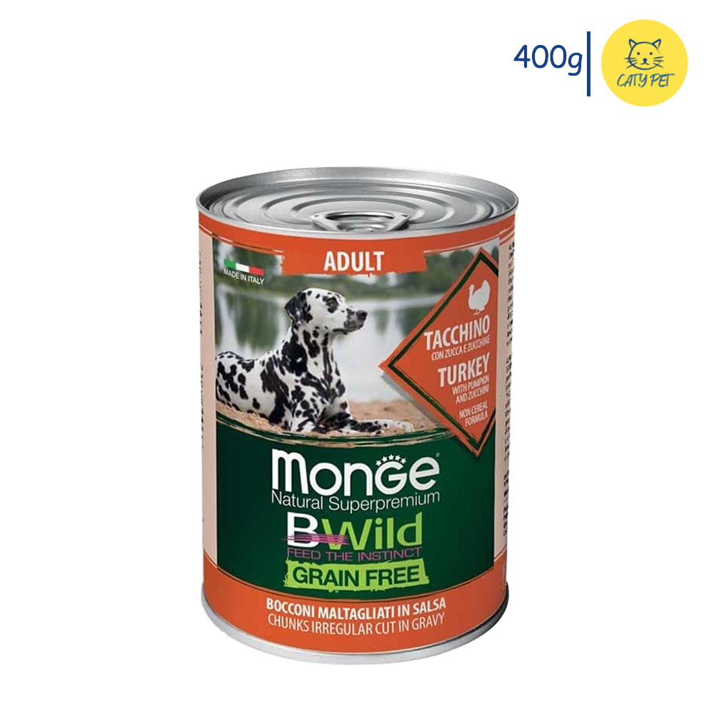 کنسرو سگ بالغ مونژه Monge Bwild Grain Free گوشت بوقلمون، کدو حلوایی و کدو سبز وزن 400 گرم