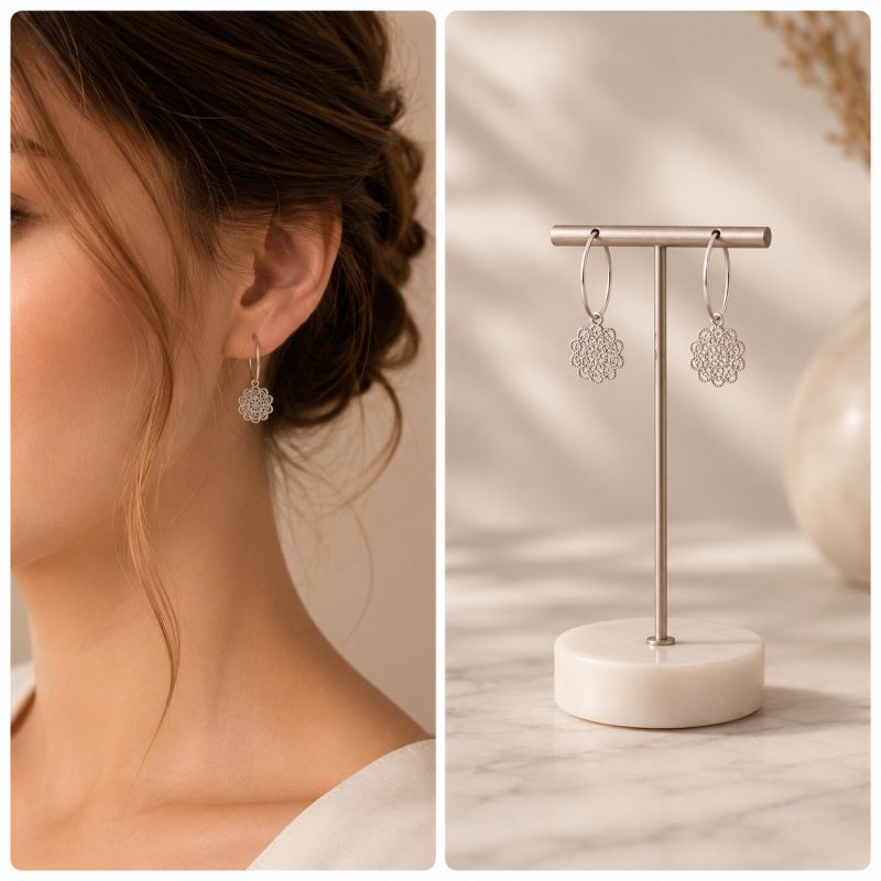 گوشواره حلقه‌ای نقره‌ای آویزدار طرح گل مشبک