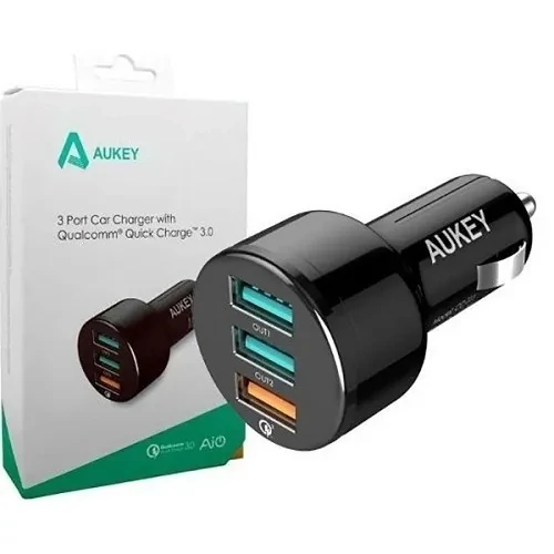 شارژر فندکی 3 پورت و فست شارژ آکی Aukey CC-T11 QC3.0 3A PD 42W به همراه کابل Type-C
