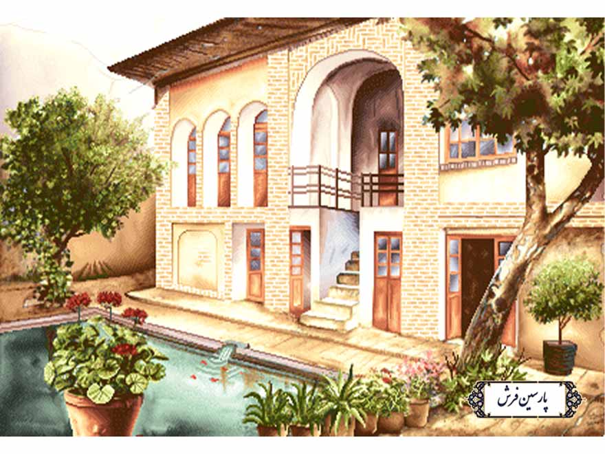 نخ و نقشه تابلو فرش حیاط خانه قدیمی - کد NV860
