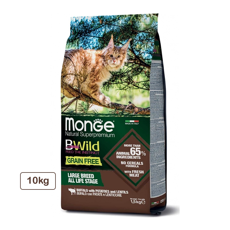 غذای خشک گربه بالغ مدل  Monge BWild Grain Free Cat Buffalo with Potatoes and Lentils با گوشت بوفالو، سیب زمینی و عدس مناسب تمام سنین وزن 10 کیلوگرم