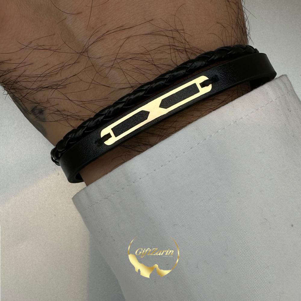 دستبند چرم و طلا مردانه M6