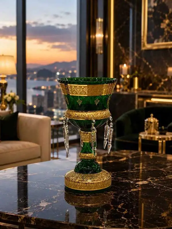 شمعدان لاله آویز متوسط طلاکوب آیسان سبز کد ۳۵۵
