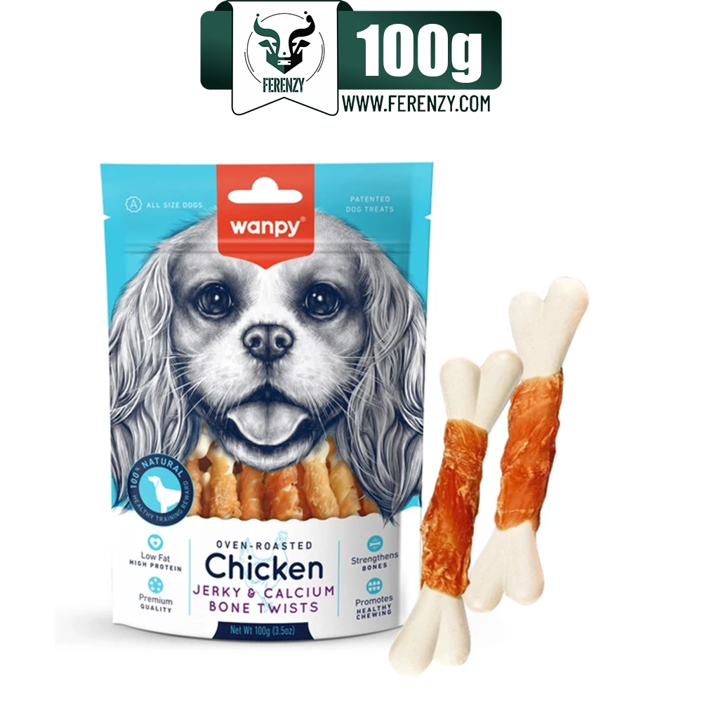 تشویقی سگ ونپی با طعم مرغ Wanpy Chicken Jerky & Calcium Bone Twists وزن 100 گرم