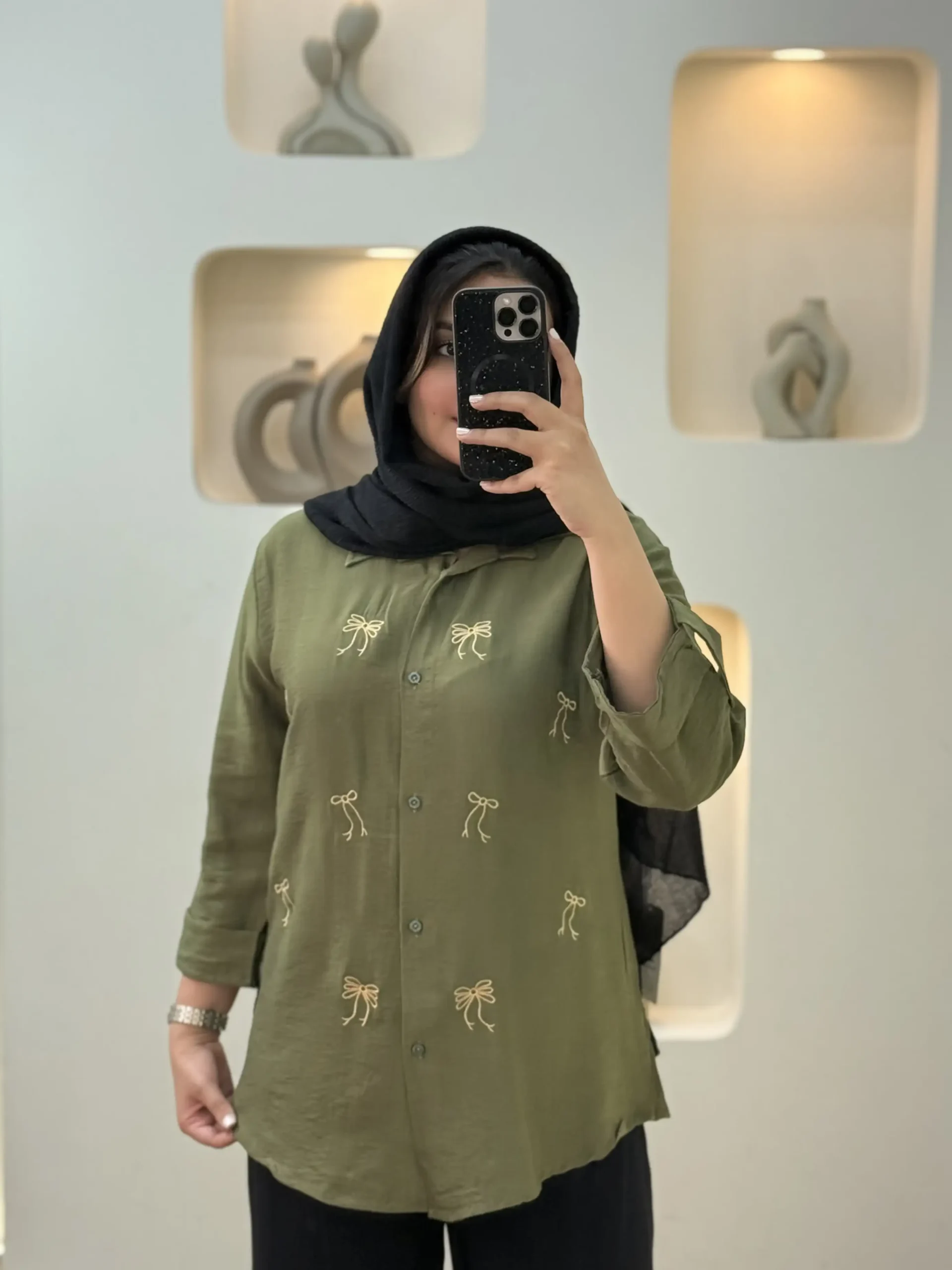 شومیزگلدوزی پاپیون کرسپو-10262 - سبز زیتونی