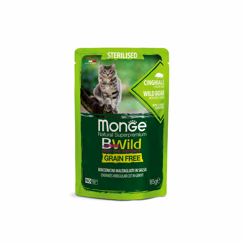 پوچ گربه عقیم مونژ مدل بیوایلد با طعم گوشت گراز وحشی Monge Bwild Cat Pouch Wild Boar وزن 85 گرم