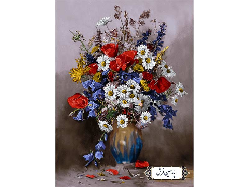 نخ و نقشه تابلو فرش گل و گلدان شیشه ای - کد NG1533