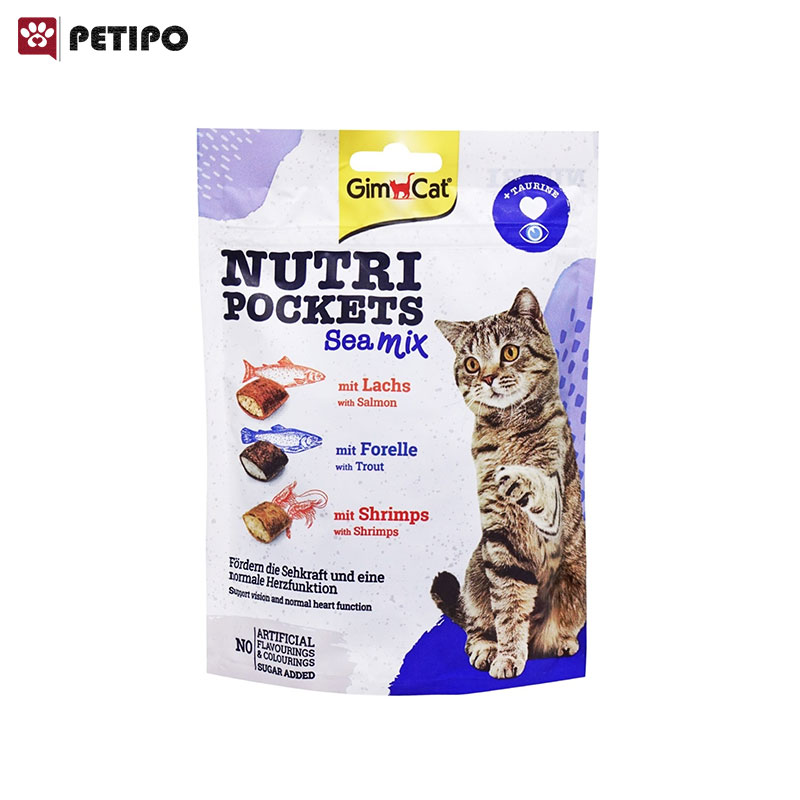 تشویقی گربه طعم میکس سالمون، قزل آلا و میگو جیم کت (GimCat Nutri Pockets Sea Mix Crunchy) وزن 150 گرم