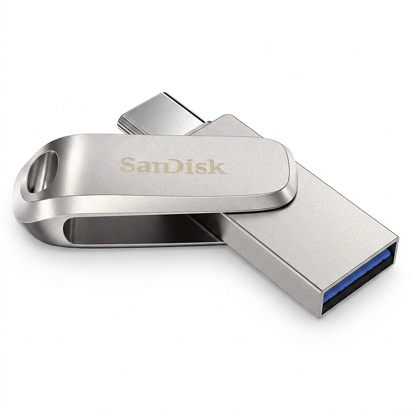 فلش مموری 128 گیگابایت سن دیسک مدل Ultra Dual Drive Luxe با دو رابط USB Type-C و USB Type-A، سرعت انتقال 150 مگابایت بر ثانیه، بدنه فلزی و سازگار با ویندوز، مک، اندروید و iOS - نقره ای